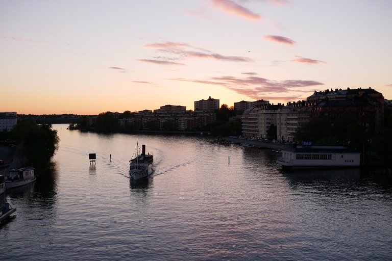 Spring in Stockholm. A boat in the waters of Liljeholmen.