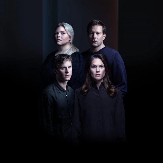 Theatrical poster with the 4 actors staring into the camera and show name in blue lettering