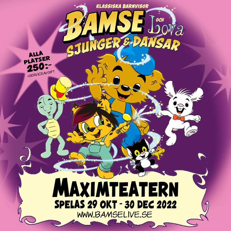Bamse and many other cartoon figures. Information about the event.