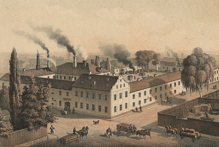 Houses, trees and horse-drawn carriages