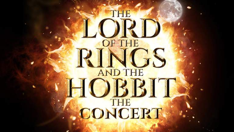 The text "The Lord of the Rings and The Hobbit in Concert" on the background of a burning ring.