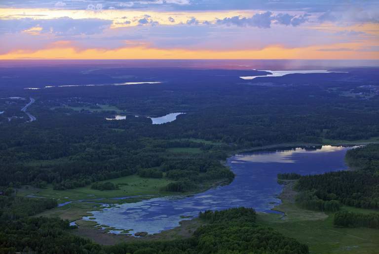 Nature in Stockholm. Helicopter shot over Säby Lake in northern Stockholm.