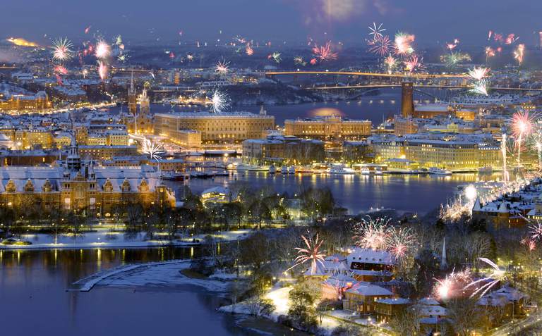 New Year's Eve in Stockholm. A display of fireworks over the central parts of Stockholm in the night.