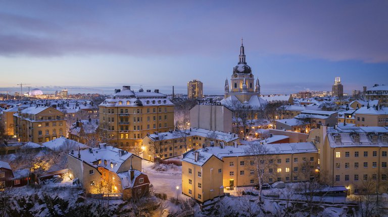 Winter in Stockholm. The snowcovered roofs at Södermalm.