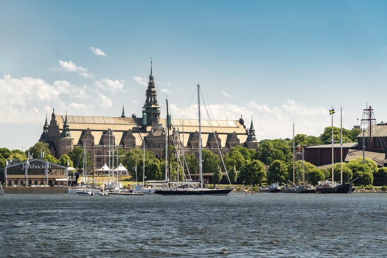 Attractions in Stockholm. Nordiska Museet, Junibacken and Vasamuseet, as seen from the waters outside of Djurgården.