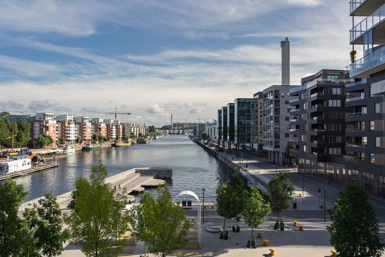 Areas in Stockholm. The southern parts of Hammarby Sjöstad and Hammarbyhamnen. Residential buildings are just by lake Mälaren.