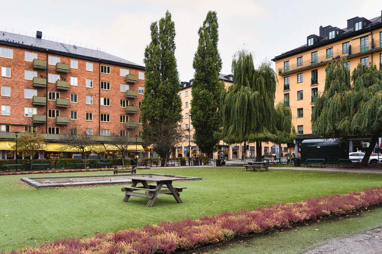 Nytorget square on Södermalm in Stockholm, a popular summer hang-out with lots of restaurants and cafes in the surrounding area.