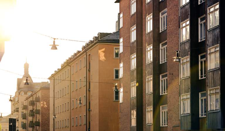 Södermalm in Stockholm. A view of the residential buildings on Nytorgsgatan in the sunset.