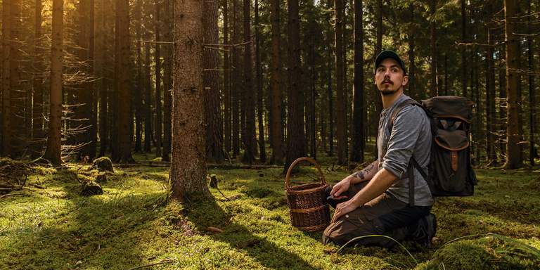 Niki Sjölund, professional forest forager, is kneeling in a green forest.