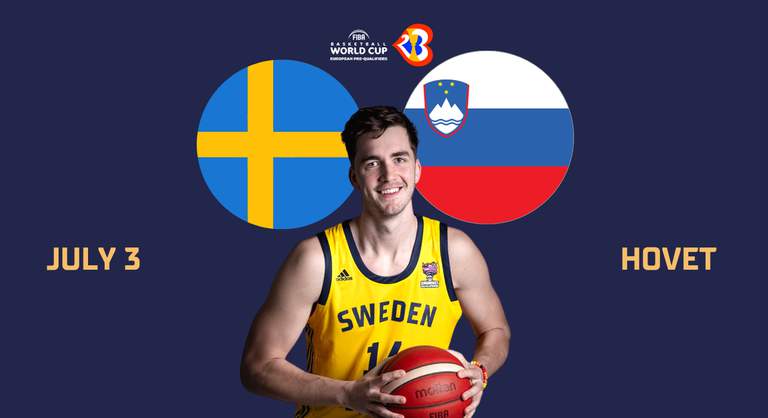 A Swedish basketball player with the Swedish and Slovenian flags in the background.