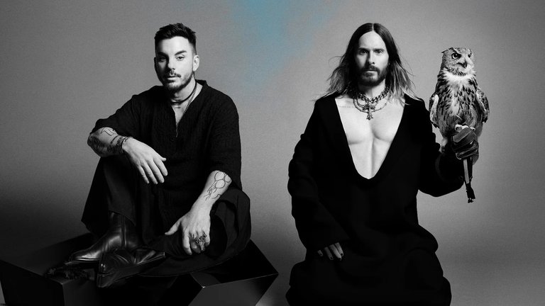 Black-and-white, square photo of the duo Thirty Second to Mars