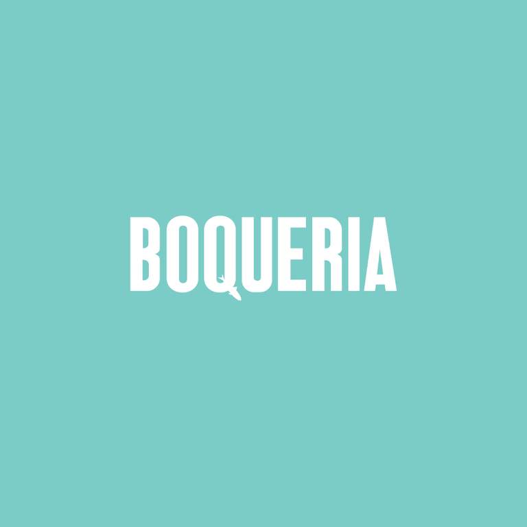 The name of the place "Boqueria" on a turquoise background.