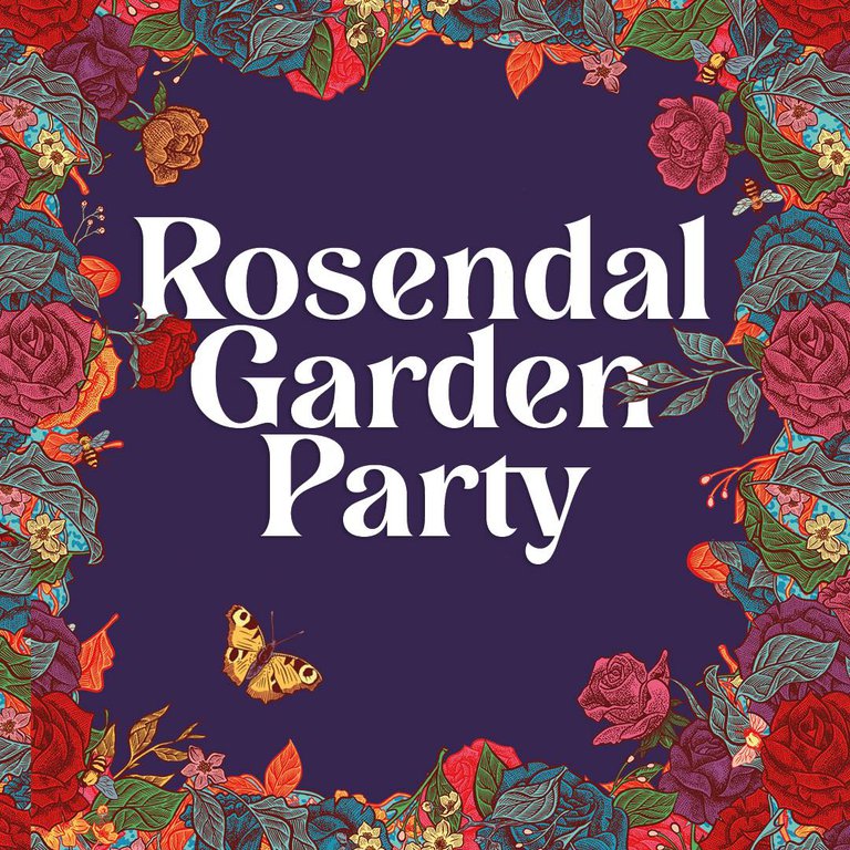 The text "Rosendal Garden Party" with flowers in the background.
