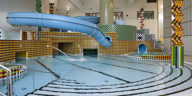 The aqua park with waterslides at Eriksdalsbadet in Stockholm.