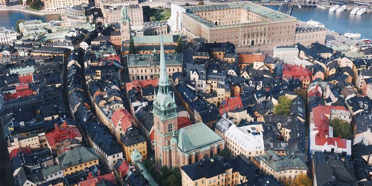 Flygfoto över Gamla stan i Stcokholm