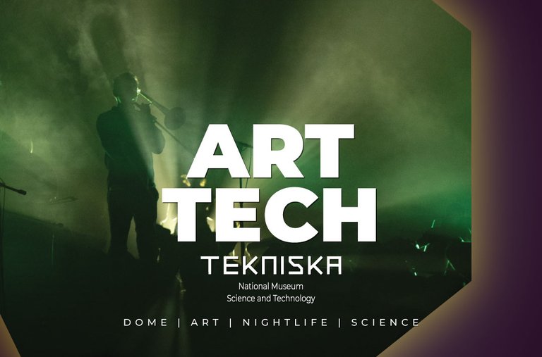 Poster for Art Tech at the National Museum of Science and Technology—silhouette of a musician in green stage light and smoke.