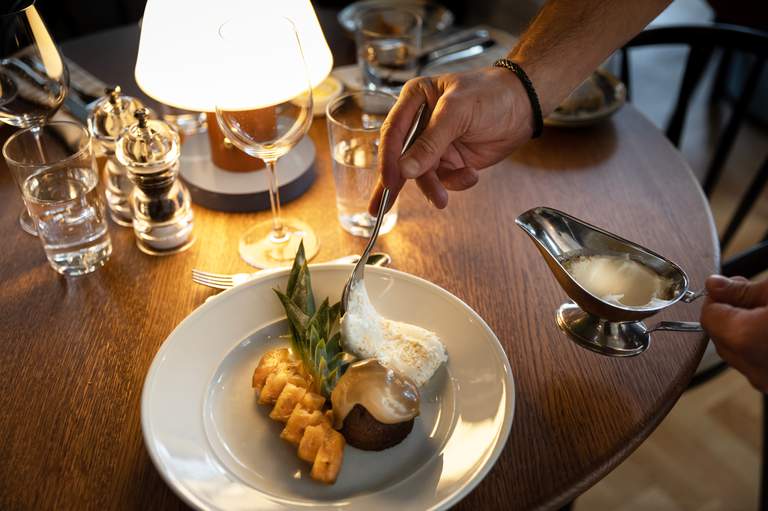 Restaurants in Stockholm. An Pineapple Flambee being served at La Girafe, a restaurant on Kungsholmen.