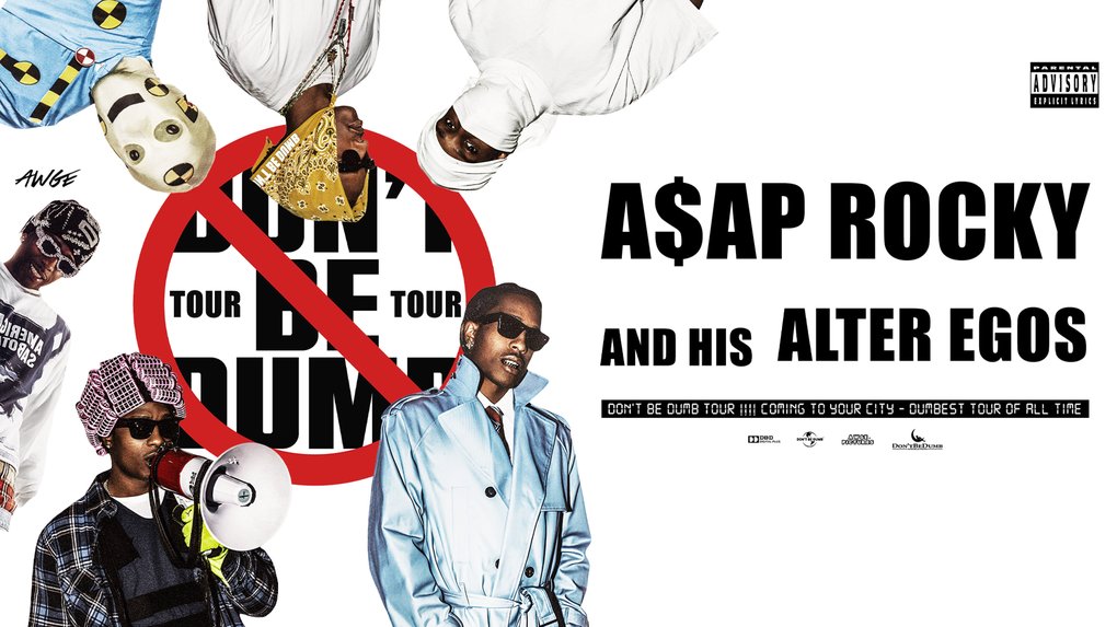 A tour poster with the text “A$AP ROCKY and his alter egos” on a white background. A photo of the artist in a blue coat is in the foreground, surrounded by smaller portraits and a red crossed-out circle.