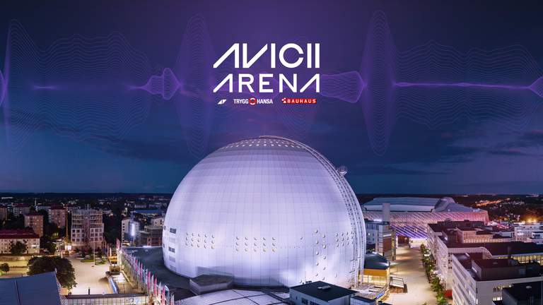 Avicii Arena at night and its logo.