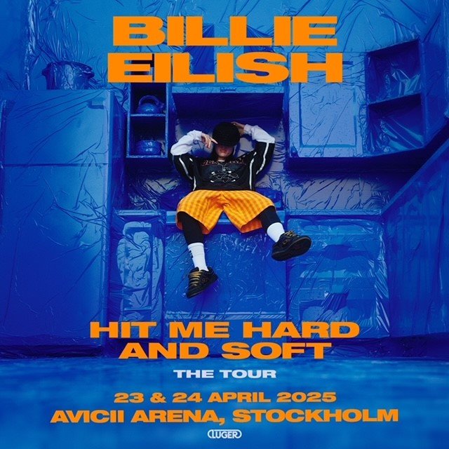 Billie Eilish on stage with tour-related graphics overlaid on the image