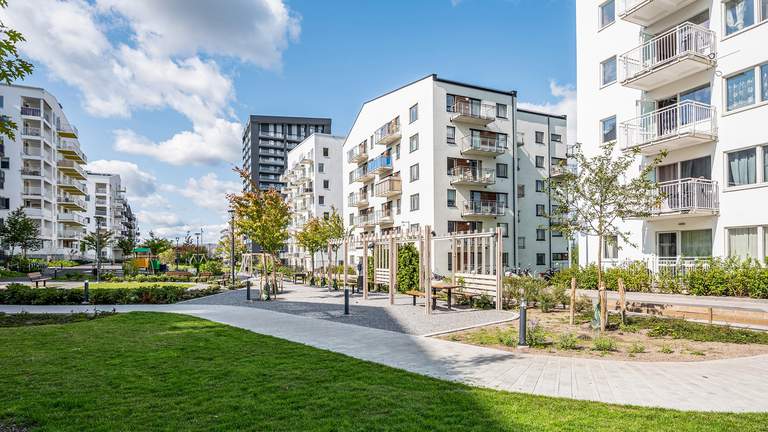 Architecture in Stockholm. The residential buildings at Rinkebyterassen, built over the E18 freeway.