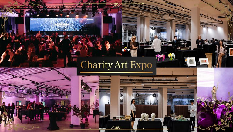 The text "Charity Art Expo", photos of people in various venues.