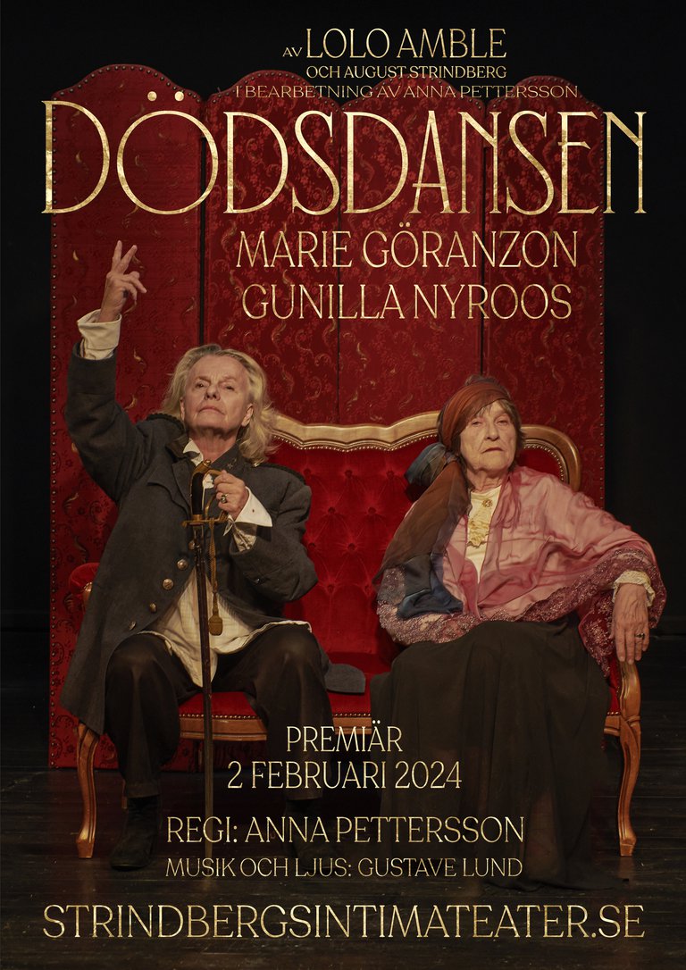 The information about the event. Two artists sitting on a red sofa.