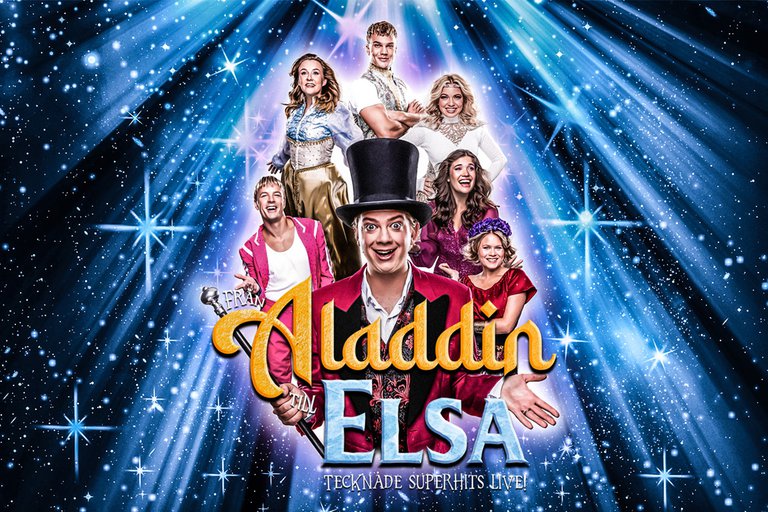 The text "Aladdin Elsa – Tecknade superhits live!" and actors in stage costumes.