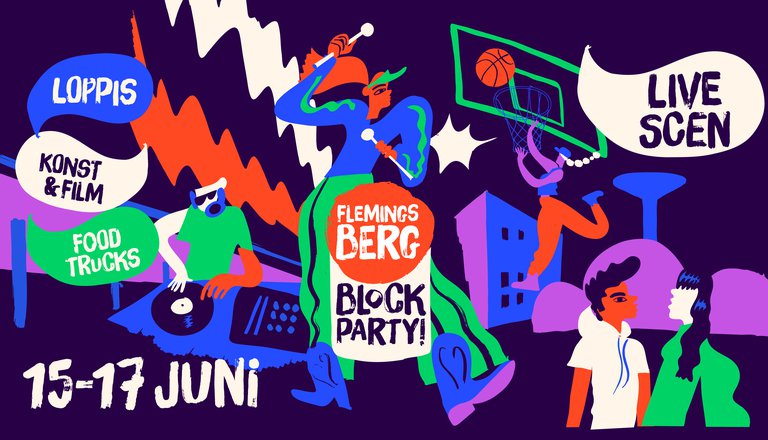 The information about the event. And a drawing depicting people playing music, talking, and playing basketball.