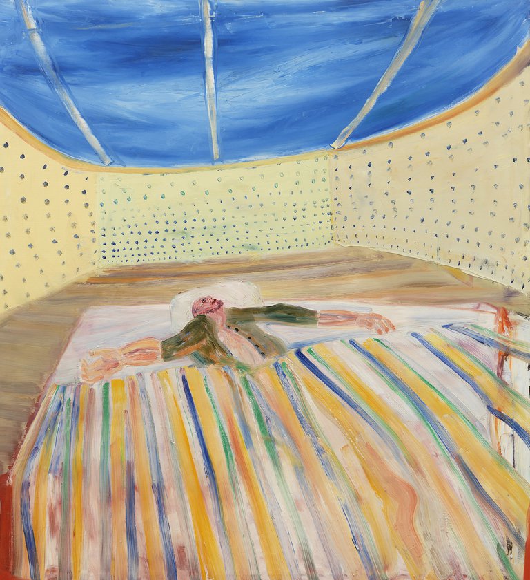 Painting depicting a person lying in bed.