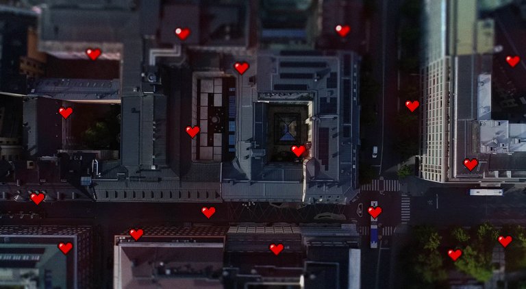 Stockholm from above. Pixelated hearts are floating above the buildings.