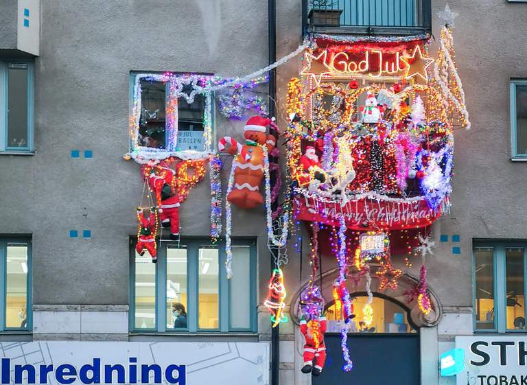 Christmas in Stockholm. A fully decorated balcony on Fridhemsplan.