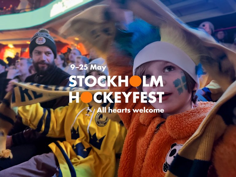 Hockey fans cheering with the event logo overlaid on top.
