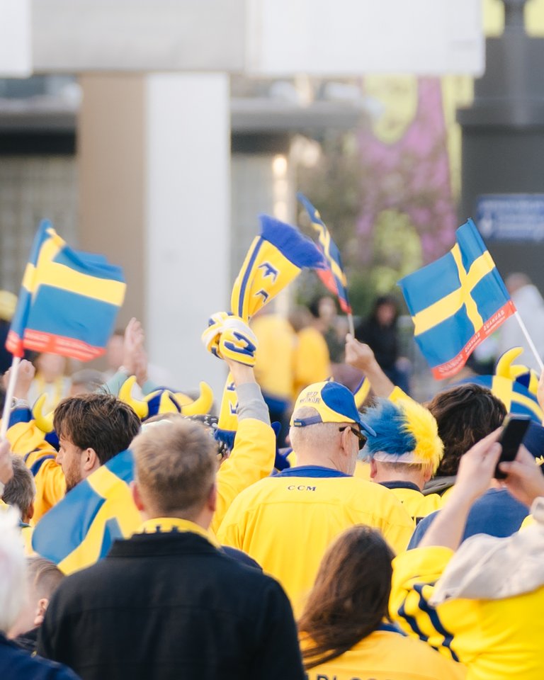 A group of hockey fans seen from behind.