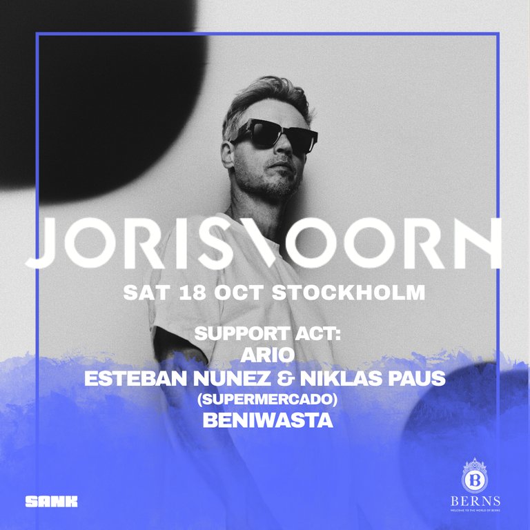 Event poster reading “Joris Voorn,” “Sat 18 Oct Stockholm.” Support acts: Ario; Esteban Nunez & Niklas Paus (Supermercado); Beniwasta. Black-and-white portrait with blue border; Berns and SANK logos.