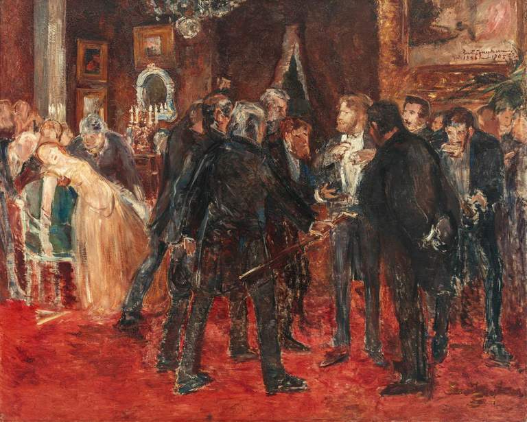 A painting depicting a group of men in tuxedos and a fainted woman in a long dress.