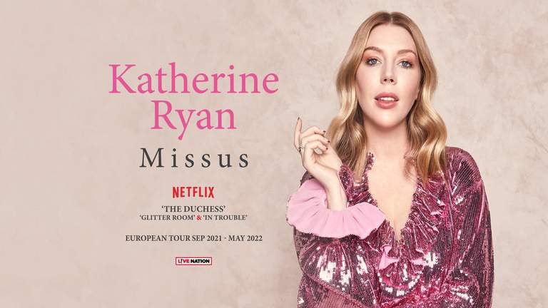 Katherine Ryan on pink poster with text and information about her tour.