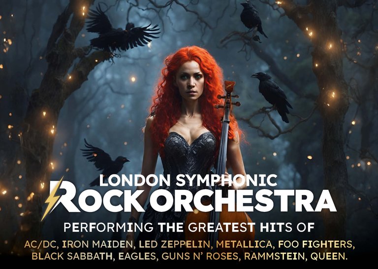 Female, red-haired cellist staring at the viewer, surrounded by black crows and shimmering lights