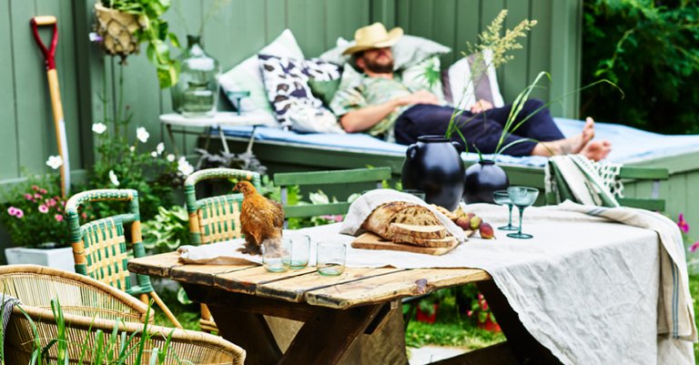 A person taking a nap and a table with a bird, food and glasses.