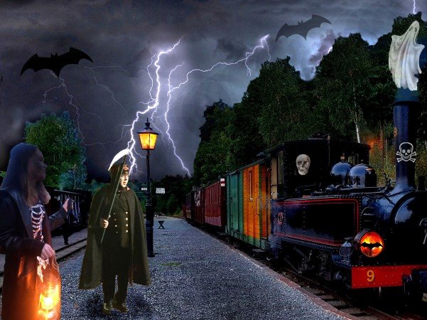 A person in dark clothing and hat stands next to a creepily decorated train carriage on a railway track during a stormy night. The background features dark clouds, lightning, and spooky symbols like bats and a skull.