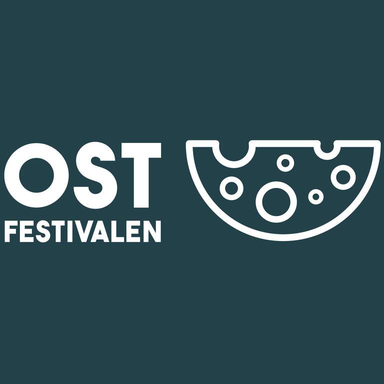 "Ostfestivalen", a text and a silhouette of cheese in white on a dark green background.
