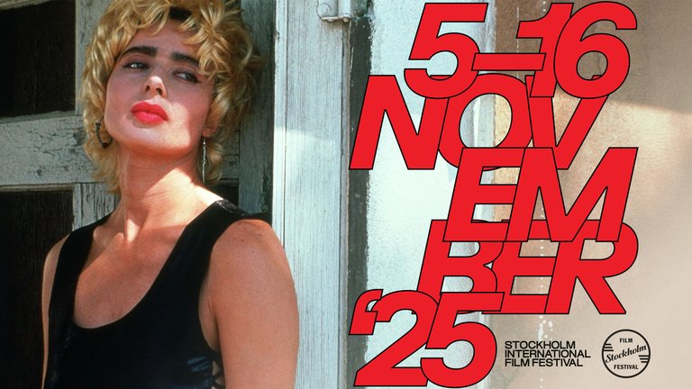 Person with short blonde hair and red lipstick by a weathered doorway; bold red text reads “5–16 November ’25 – Stockholm International Film Festival.