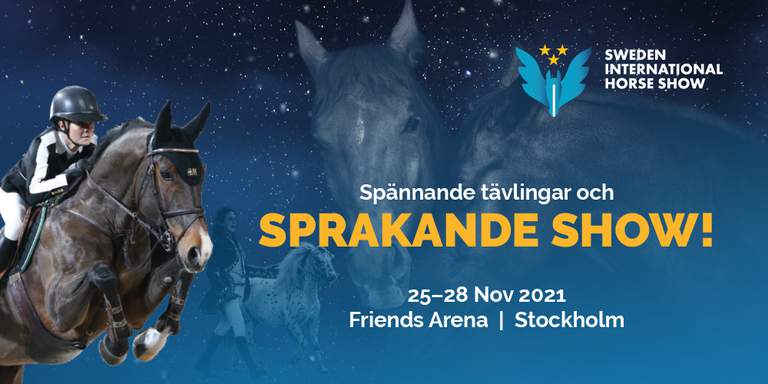 A poster of the Sweden International Horse Show with riders, horses and information about the event.