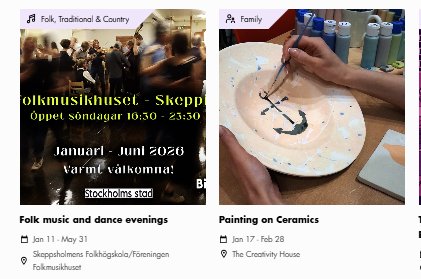 Skärmbild från Visit Stockholm med två bilder. En rörig bild med text för ett musikevent, och en bild för keramikkurs.