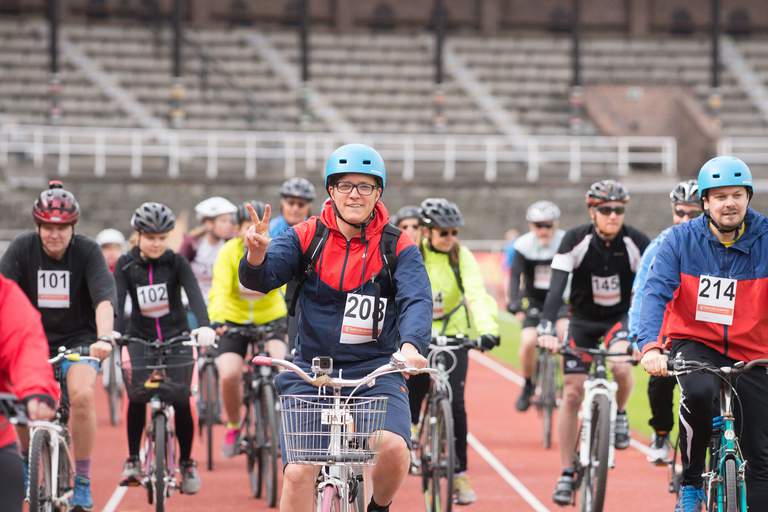 A group of cyclists at the start of the race.