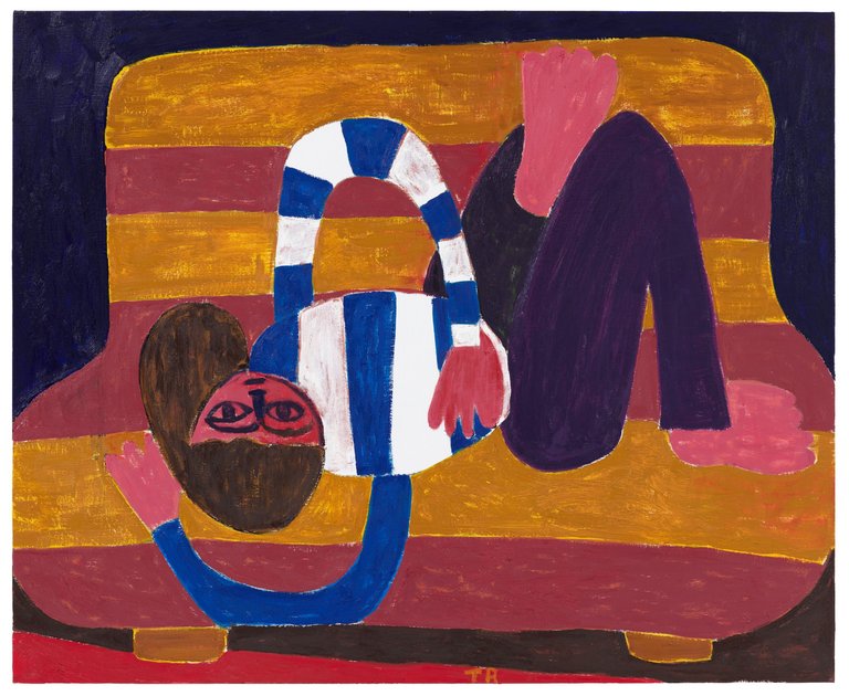 A stylized painting shows a person lying stretched out on a striped sofa in warm colors. The figure wears a blue-and-white striped shirt and has simplified, expressive facial features. The image conveys rest, stillness, and a playful, artistic expression.