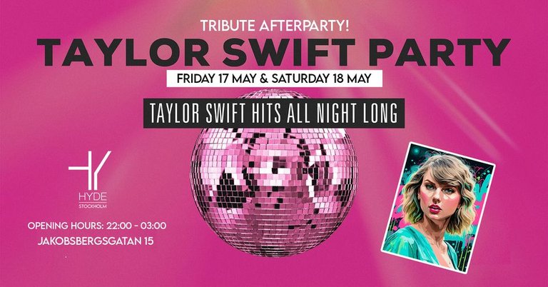 event poster with information about the event, featuring a disco ball on a pink background and a picture of Taylor Swift