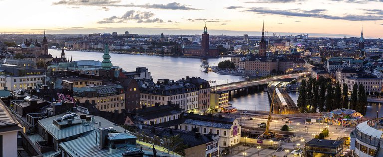 Scenic view of Stockholm taken from Södra Teatern, with Slussen in the foreground. The picture also features City Hall and the Old Town.