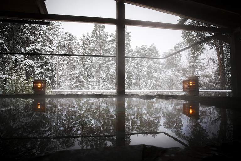 An outdoor pool of hot water with snow-covered pine trees in the background