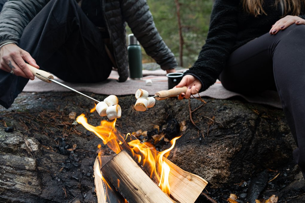 Two people are roasting marshmallows over a campfire in an outdoor setting.